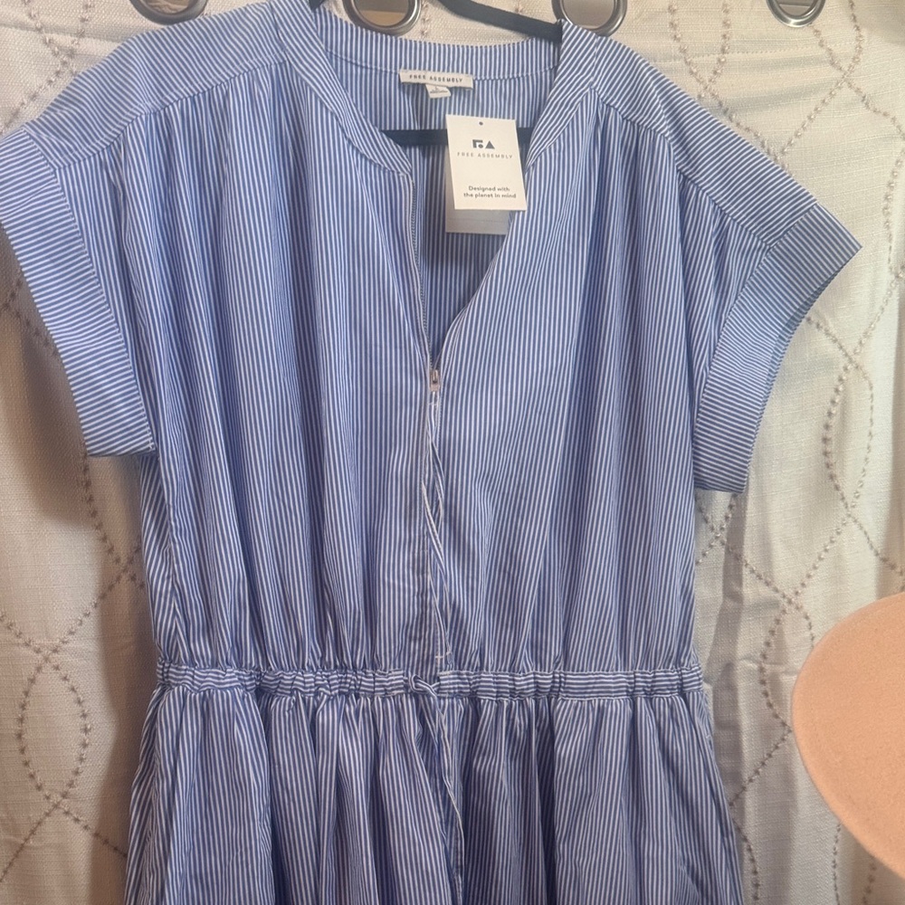 Frame Classic Blue Striped Midi Dress with Drawstring Waist
